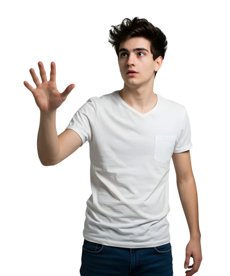 A curious young man touching the empty space in the air with his hand.