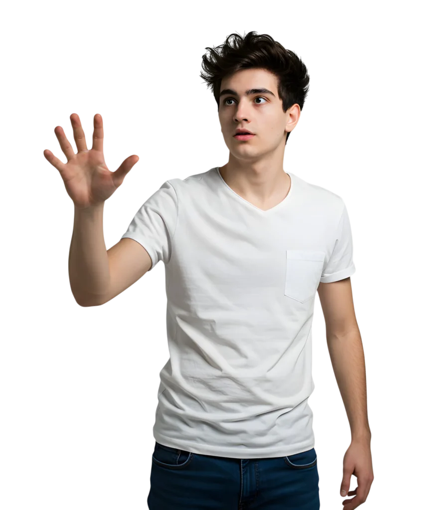 A curious young man touching the empty space in the air with his hand.