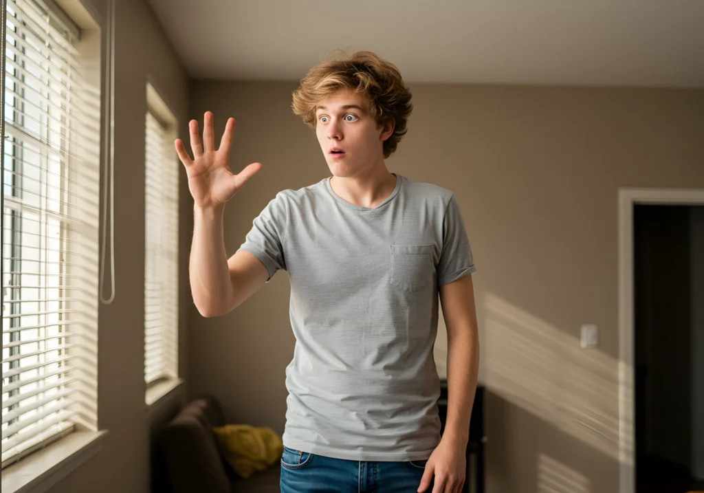 A curious young man touching the empty space in the air with his hand.