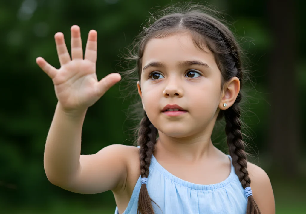 A curious young girl touching the empty space in the air with her hand.