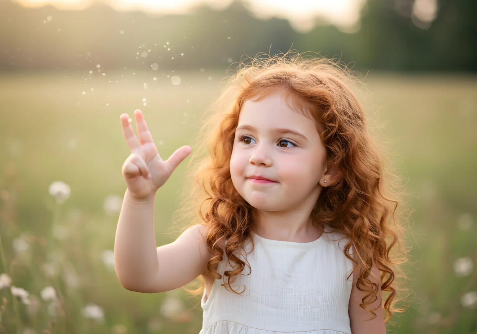 A curious young girl touching the empty space in the air with her hand.