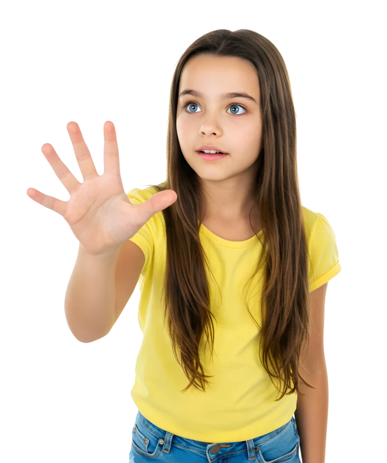 A curious young girl touching the empty space in the air with her hand. white background.