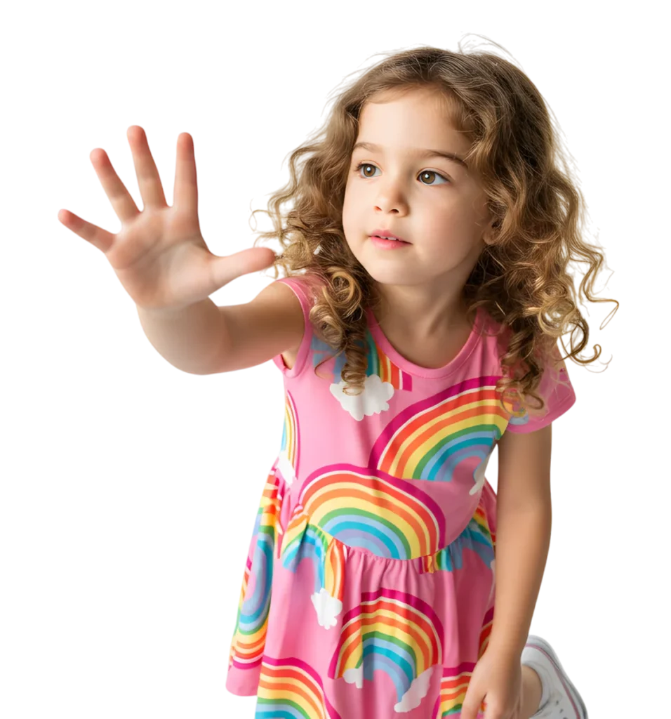 A curious young girl touching the empty space in the air with her hand. white background.