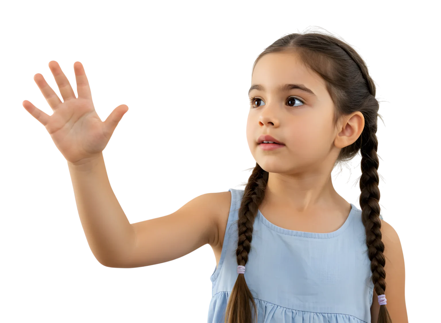 A curious young girl touching the empty space in the air with her hand. white background.