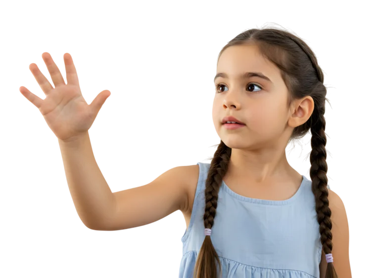 A curious young girl touching the empty space in the air with her hand. white background.