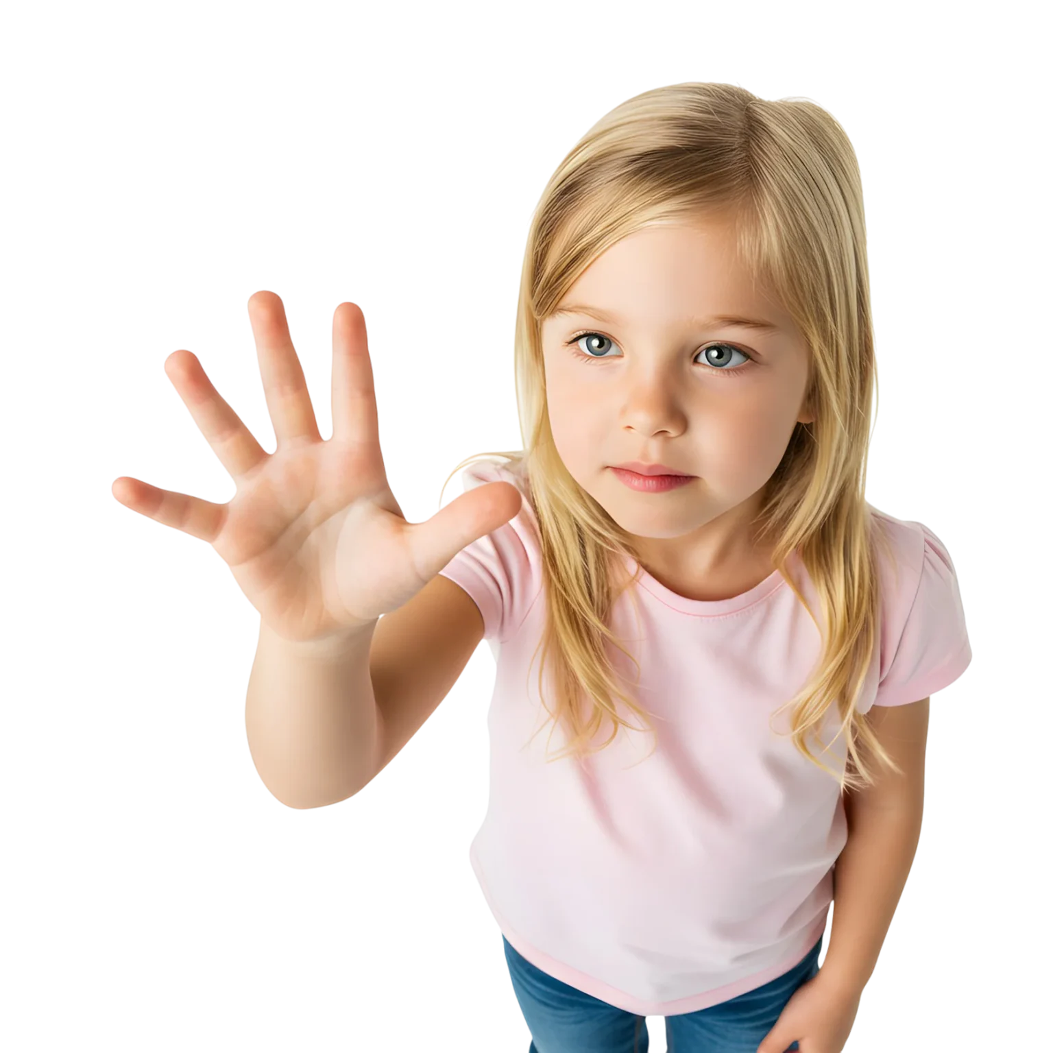 A curious young girl touching the empty space in the air with her hand. white background.