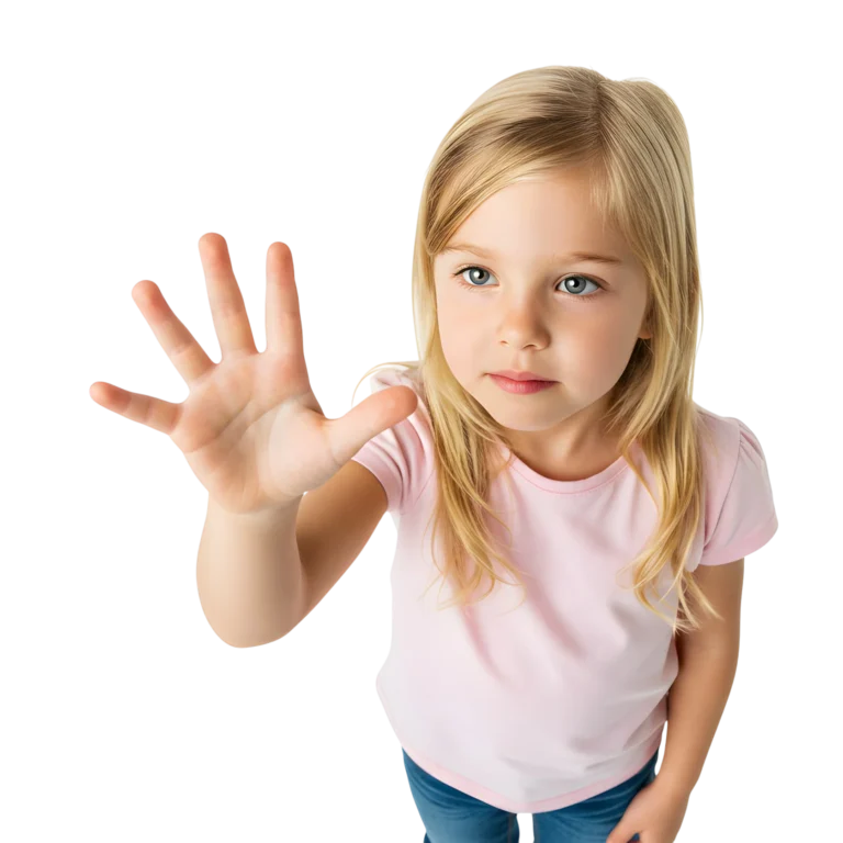 A curious young girl touching the empty space in the air with her hand. white background.
