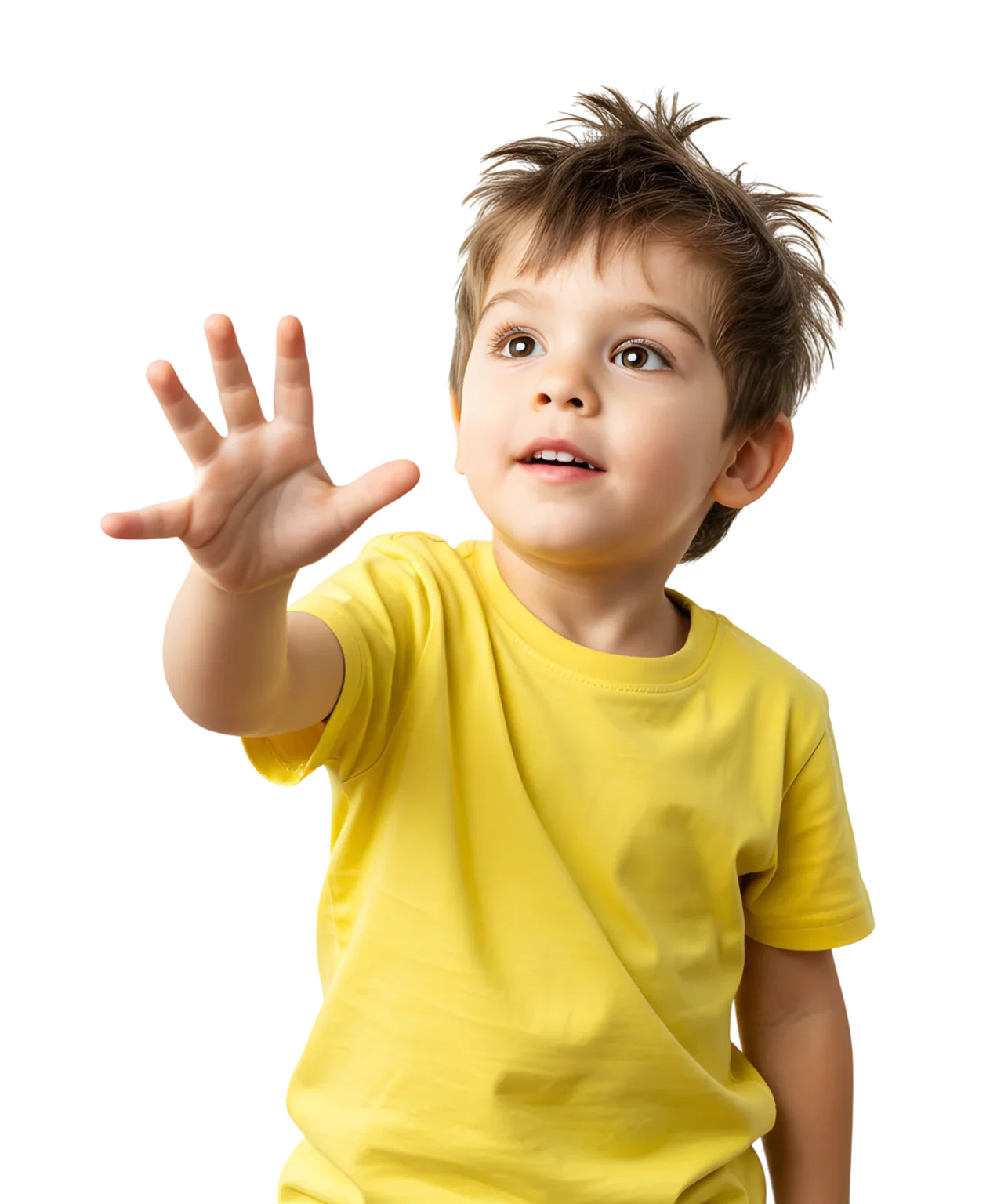 A curious young boy touching the empty space in the air with his hand. white background.