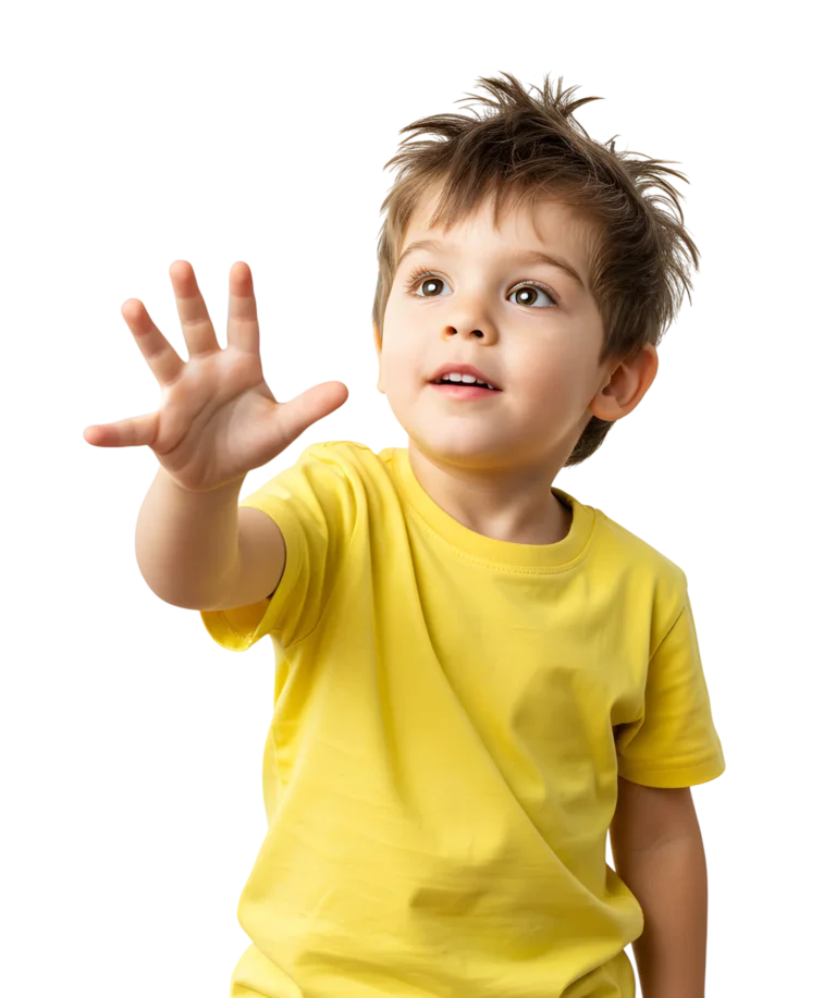 A curious young boy touching the empty space in the air with his hand. white background.
