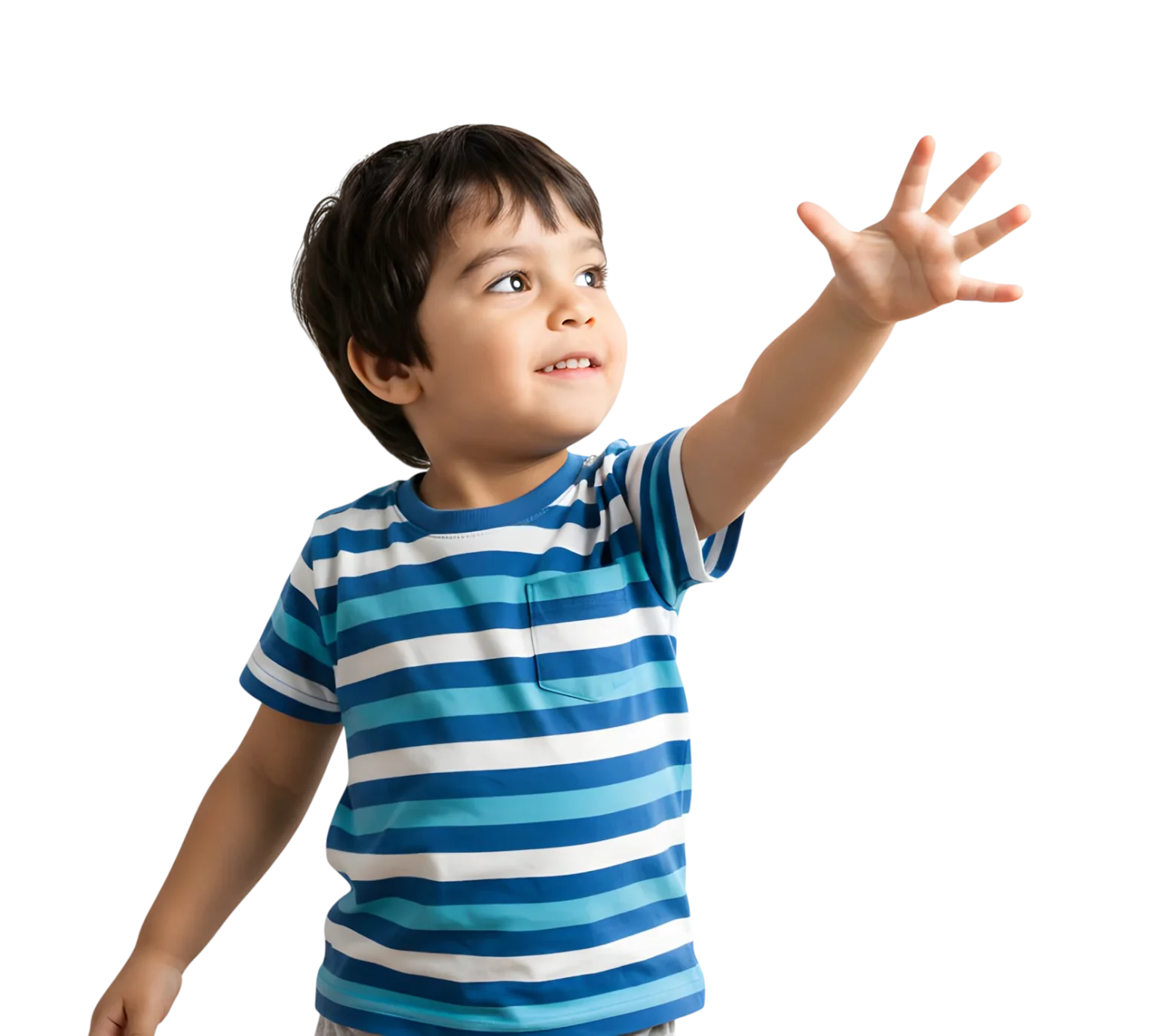 A curious young boy touching the empty space in the air with his hand. white background.