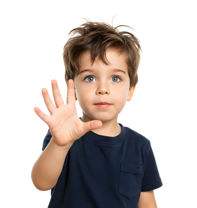 A curious young boy touching the empty space in the air with his hand. white background.