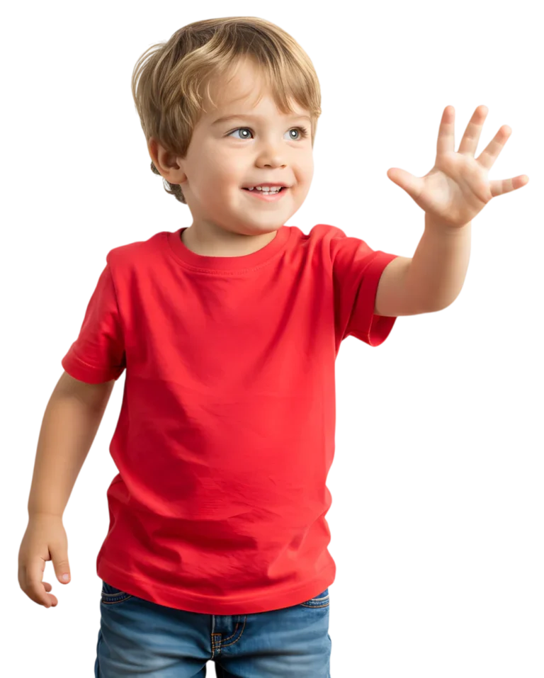 A curious young boy touching the empty space in the air with his hand. white background.